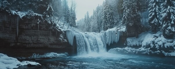 Wall Mural - Cascading waterfall framed by snowy winter landscapes, 4K hyperrealistic photo