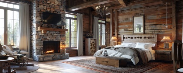 Rustic bedroom with wooden furniture and a stone fireplace, 4K hyperrealistic photo