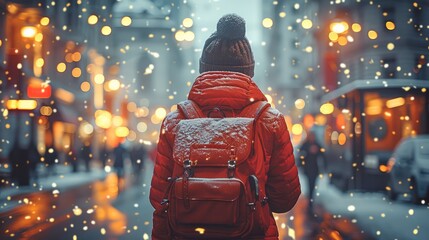 Wall Mural - A person walking down a city street in the evening, wearing a red jacket and carrying a red bag, seen from behind, with soft street lights illuminating the scene. Generative AI.