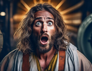 Wall Mural - Portrait of Jesus with Shocked Expression Detailed Headshot Capturing Emotional Depth