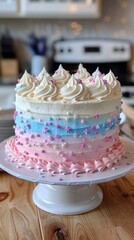 Wall Mural - Colorful layered cake with pastel pink, blue, and white frosting, topped with buttercream swirls and star-shaped sprinkles on a white cake stand