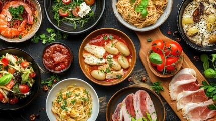 Natural food (various cuisines) Different food cooked on a wooden table Food backgrounds: table filled with large variety of food 