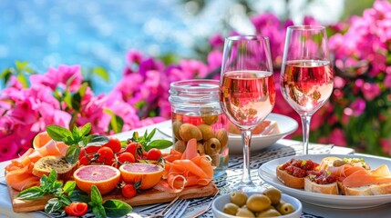 Mediterranean alfresco dining with wine, olives, and appetizers on a table. Bright daylight with pink flowers. Concept of outdoor dining experience.