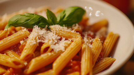 Wall Mural - Pasta al Pomodoro with penne or spaghetti, garnished with basil leaves, Parmesan cheese, and tomato sauce. 