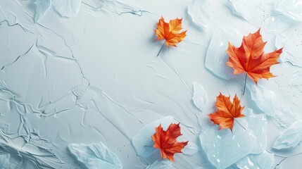 Wall Mural - Flat lay frame with colorful autumn leaves on frozen ice surface background with ample copy space image. isolated pastel backdrop. colorful desktop wallpaper with maple leaves