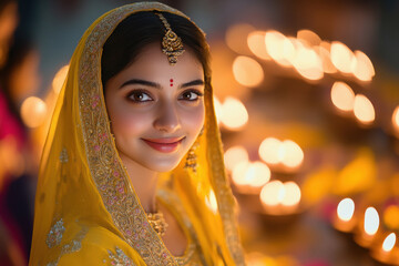 Wall Mural - Young beautiful indian woman wearing gold jwellery on diwali festival