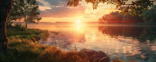 Wall Mural - Sunset casting warm light on a tranquil lake, 4K hyperrealistic photo,