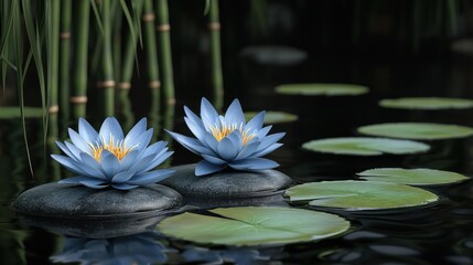 Wall Mural - In a tranquil pond, vibrant blue water lilies rest on smooth stones, their petals unfolding gracefully as they float on the calm water amidst lush green reeds, creating a peaceful atmosphere