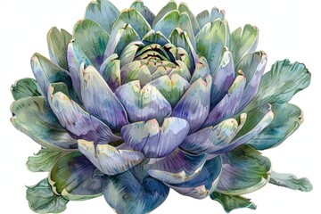 Aufkleber - A stunning watercolor large artichoke with shades of green and purple, highlighting its layers and unique shapes. The artwork captures its natural beauty