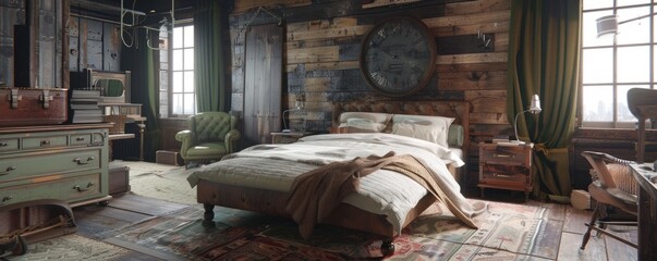 Rustic chic bedroom with a mix of vintage and modern elements, 4K hyperrealistic photo