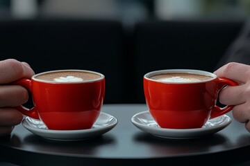 A casual photo of a business negotiation taking place in an office lounge, with coffee cups on the table and a relaxed yet professional atmosphere