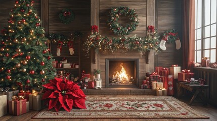 Poster - A warm and inviting living room showcases a beautifully decorated Christmas tree beside a glowing fireplace. The space is adorned with festive wreaths, stockings, and wrapped gifts
