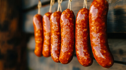 Wall Mural - Artisan cured sausages hung from hooks in a wooden stall background traditional farm market feel 