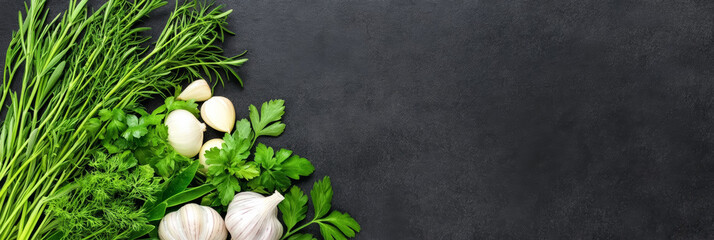 Poster - Assorted French herbs garlic and shallots arranged on a black background with open space for text 