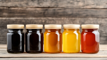 Poster - Assorted jars of raw honey with different hues on a wooden stall background natural market setting 