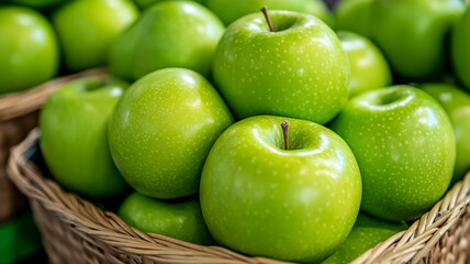 Sticker - Bright green apples piled high in a woven basket market stall background warm and inviting hues 