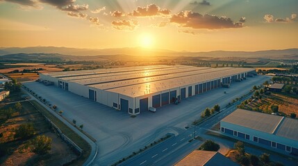 Aufkleber - Aerial view of a rural landscape featuring logistic park mega with industrial facilities, modern architecture design. Generative AI.