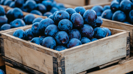 Wall Mural - Bunches of dark plums with a slight sheen in a wooden crate market stall background 