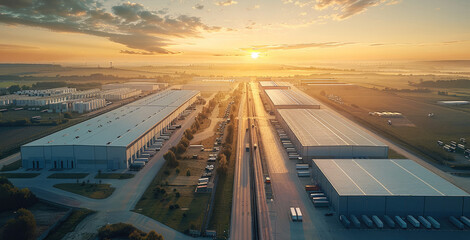 Aufkleber - Aerial view of a rural landscape featuring logistic park mega with industrial facilities, modern architecture design. Generative AI.