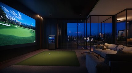 High-end indoor golf simulator room with ambient lighting