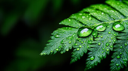 Poster - Close up of a water droplet on a bright green fern frond with soft background blur 