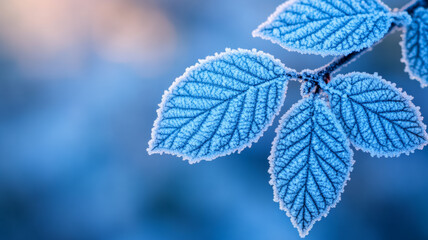 Wall Mural - Close up of frost crystals on a leaf shimmering under cold morning light 