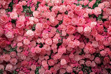 Poster - A stunning display of various pink roses and small pink flowers creates an enchanting wall of color, enhancing the overall garden ambiance during daylight