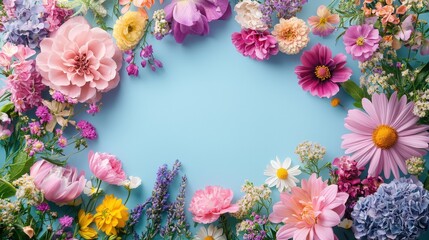 Leinwandbilder - A lively collection of various flowers is artfully arranged along the edges, presenting a charming display of color and texture against a calming blue backdrop, ideal for autumn events