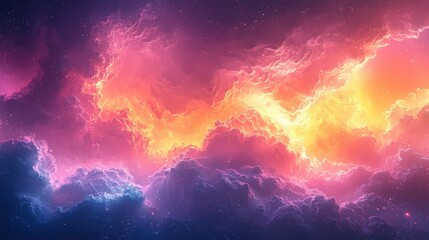 Poster - Colorful cosmic clouds swirl in vivid hues of pink, orange, and purple, illuminated by starlight in a breathtaking night sky, showcasing the beauty of the universe