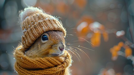 Wall Mural - A Cute Squirrel Wearing a Knit Hat and Scarf