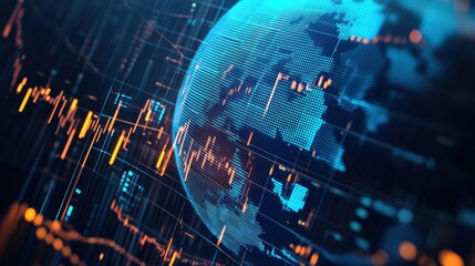 Poster - 3D loop of a rotating globe with financial data points and graphs mapped onto its surface, symbolizing global finance and economic trends, perfect for overlaying content