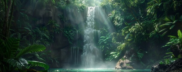 Wall Mural - Enchanted waterfall hidden deep in the jungle, 4K hyperrealistic photo