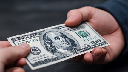 A close-up of a hand passing a hundred dollar bill, symbolizing currency exchange and financial transaction.