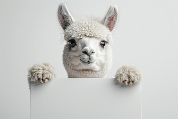 Poster - Cute Alpaca Peeking Over a White Sign