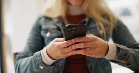 Aufkleber - Hands, phone and social media with person in coffee shop for app browsing, download or update. Communication, email or text message with customer at internet cafe for connectivity or networking