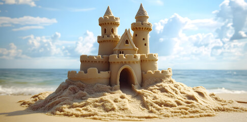 Sandy beach with a sandcastle overlooking the ocean and blue sky