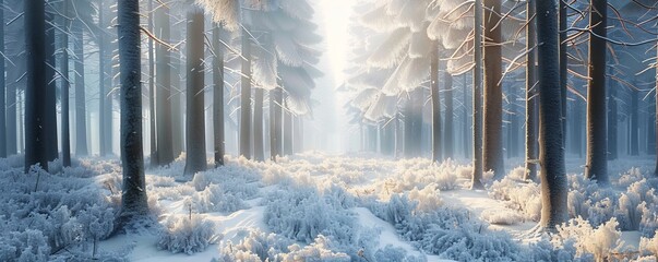 Snowy forest with frost-covered trees, 4K hyperrealistic photo