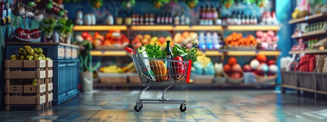 Canvas Print - Shopping Cart Filled with Groceries in Supermarket