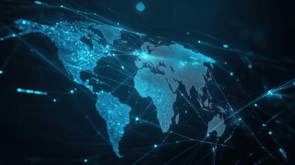 Poster - A hyperrealistic 2D animation of a world map with dynamic flight paths and communication lines appearing and disappearing, representing global travel and international networking