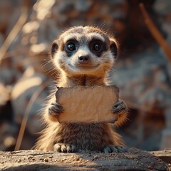 Wall Mural - Cute Meerkat Holding a Blank Sign