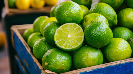 Poster - Fresh limes with a few cut open to reveal juicy interiors on a wooden stall market setting 