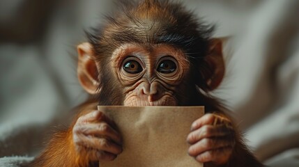 Canvas Print - Curious Monkey Holding a Piece of Paper