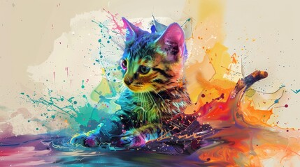 Colorful Cat. Abstract Splash of Paint in Modern Art Design