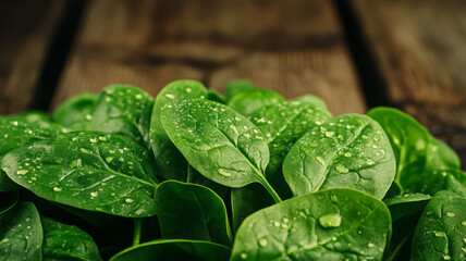 Wall Mural - Fresh spinach leaves with water droplets on a vintage market stall background natural wooden textures 