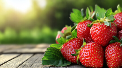 Wall Mural - Fresh strawberries with green leaves and seeds glistening in sunlight on a rustic wooden market stall background 