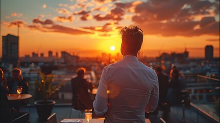 Poster - Professionals business man enjoying a rooftop event. Generative AI.