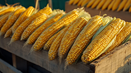 Wall Mural - Golden ears of corn with husks half peeled on a wooden stall background straw and market ambience 