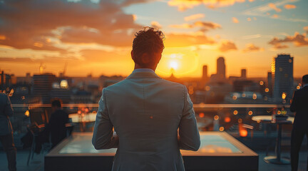 Poster - Professionals business man enjoying a rooftop event. Generative AI.