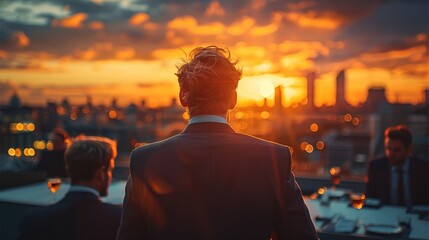Poster - Professionals business man enjoying a rooftop event. Generative AI.