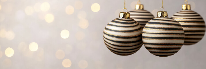 Wall Mural - Intricately designed ceramic Christmas balls hanging on a neutral blurred background with subtle golden sparkles 